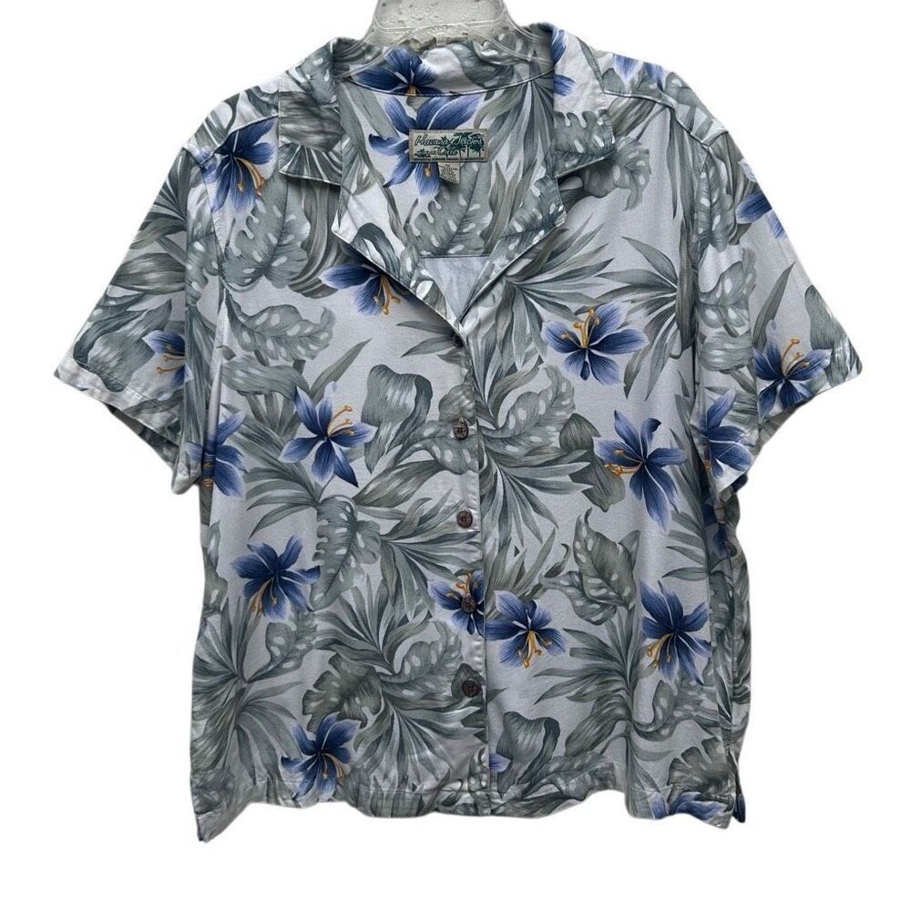 Havana Jack's Cafe Hawaiian Shirt Women's 1X Green Floral Button Front Rayon